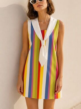 VINTAGE ALEX COLMAN CALIFORNIA 60s Rainbow Stripe Mod Sailor Collar Shift Dress